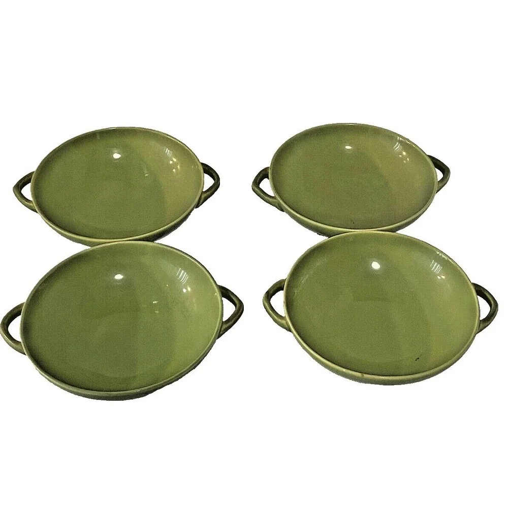 Pacific Pottery Avocado Green Bowl Footed Handles USA ~5.5